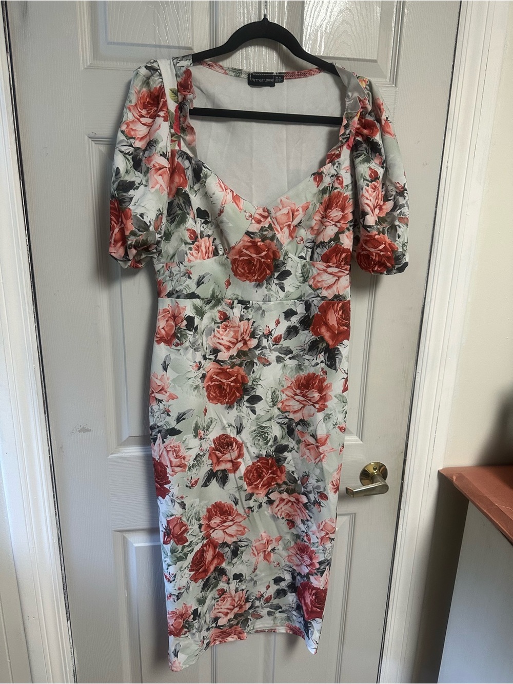 PrettyLittleThing White Floral Midi Dress with Red Roses
